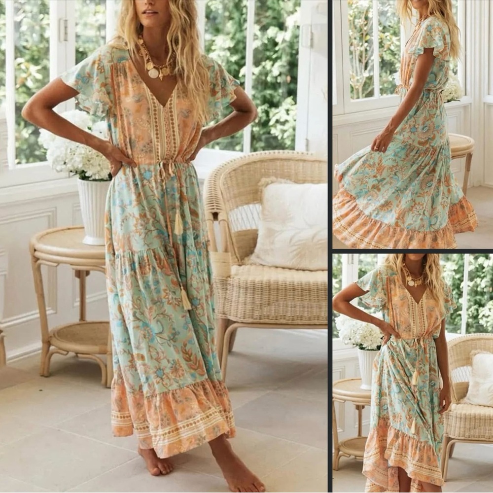 Floral Bohemian Maxi Dress in Blue and Orange 💚🧡🩵 NWT